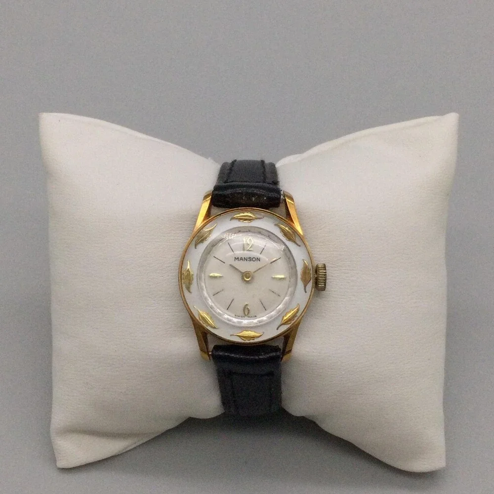 Vintage Manson Womens Watch 25mm White Dial Gold Tone Manual Swiss Leather Band